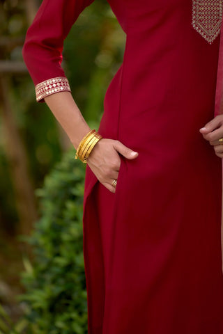 Red Roman with embroidered work Kurta Set