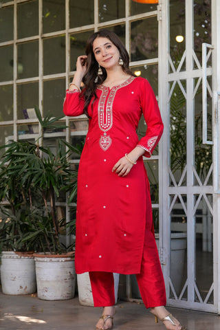 Red Viscose Chanderi Jacqurad Embroidery Kurta Set
