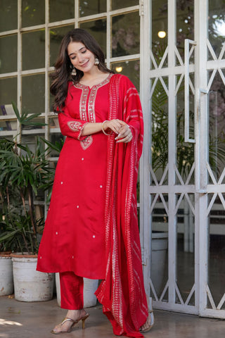 Red Viscose Chanderi Jacqurad Embroidery Kurta Set