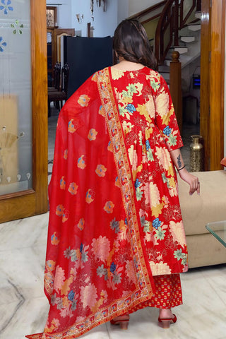 Red Muslin Cotton Printed Kurta Set_Kumari Sarees