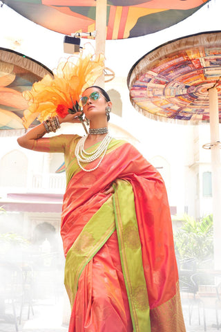 Red Two Tone Contrast Katan Silk- Handloom Weaving Saree