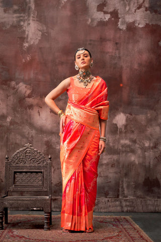 Red & Orange Handloom Weaving Silk Saree