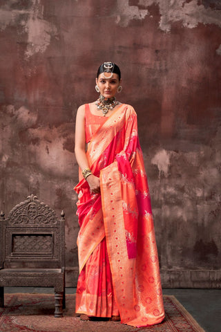 Red & Orange Handloom Weaving Silk Saree