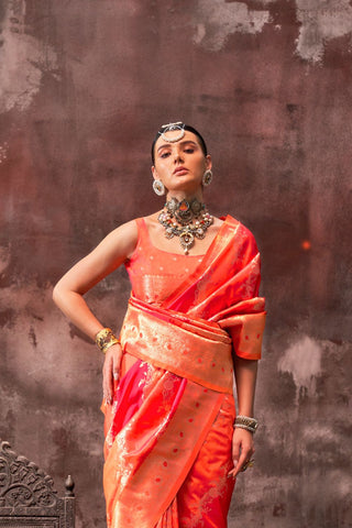 Red & Orange Handloom Weaving Silk Saree