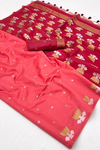 Red Tussar Handloom Weaving Silk Saree