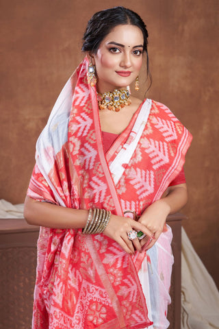 Red & White Chanderi Cotton Saree