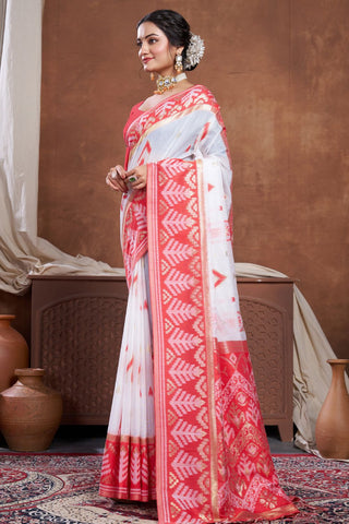 Red & White Chanderi Cotton Saree