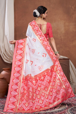 Red & White Chanderi Cotton Saree