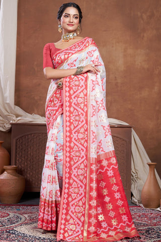 Red & White Chanderi Cotton Saree