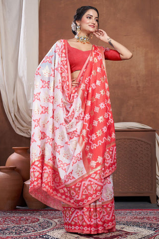 Red & White Chanderi Cotton Saree