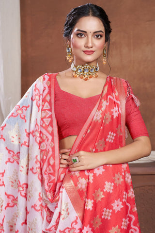 Red & White Chanderi Cotton Saree