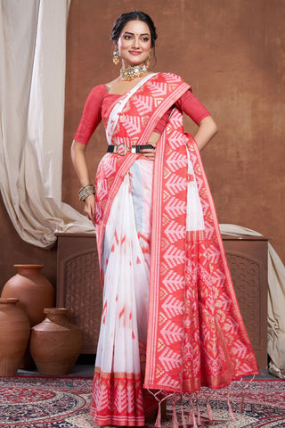 Red & White Chanderi Cotton Saree