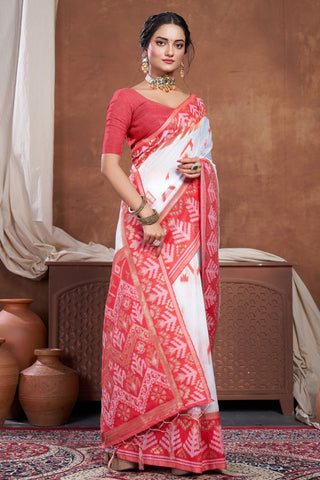 Red & White Chanderi Cotton Saree