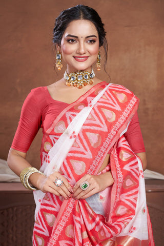 Red & White Chanderi Cotton Saree