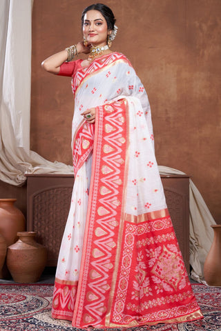 Red & White Chanderi Cotton Saree