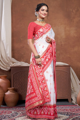 Red & White Chanderi Cotton Saree