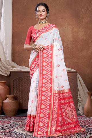 Red & White Chanderi Cotton Saree