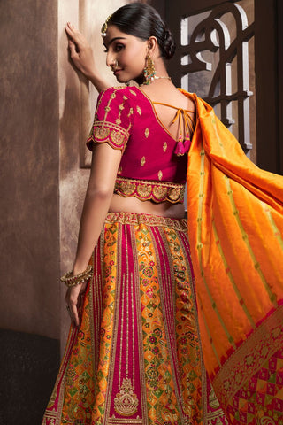 Yellow & Red Banarasi Silk Lehenga