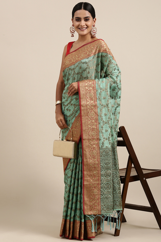 SEA GREEN CHANDERI COTTON SILK SAREE