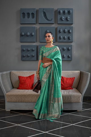 SEA GREEN GALA COPPER ZARI HANDLOOM WEAVING SAREE