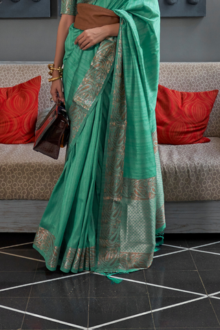 SEA GREEN GALA COPPER ZARI HANDLOOM WEAVING SAREE