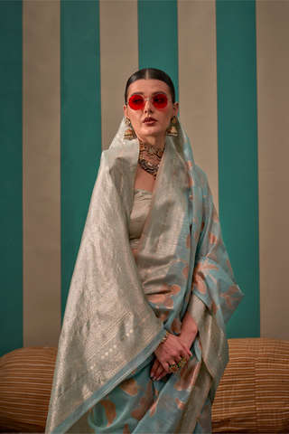 SKY BLUE HANDLOOM WEAVING LINEN SAREE