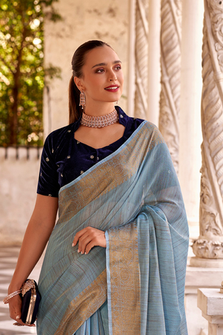 SKY BLUE TISSUE LINEN SILK SAREE