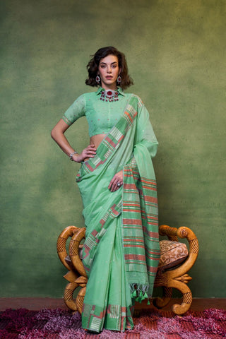 Sea Green Spun Handloom Weaving Silk Saree