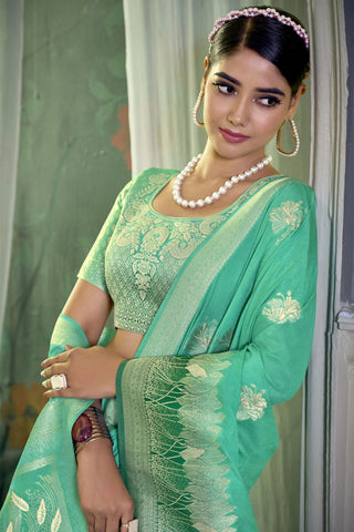 Sea Green Pure Silk Crepe Saree