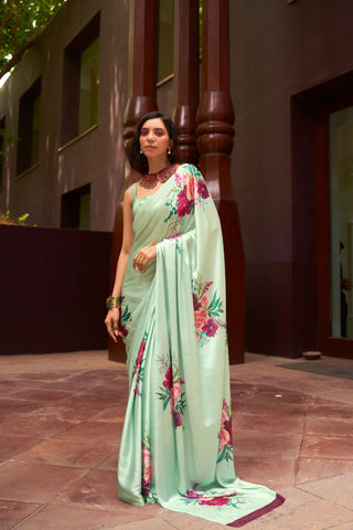 SEA GREEN DIGITAL PRINTED SATIN CREPE SAREE