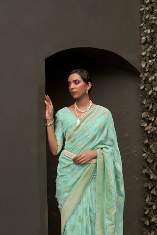 SEA GREEN NYLON CHINON TWO - TONE WEAVING SAREE