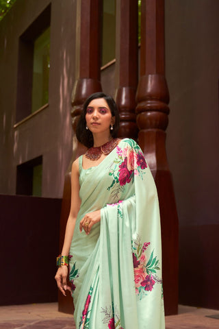 SEA GREEN DIGITAL PRINTED SATIN CREPE SAREE