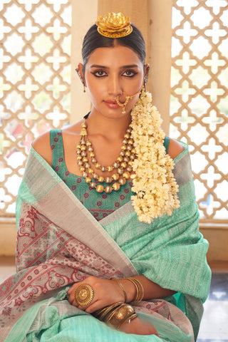 Sea Green Handloom Tussar Silk Saree_Kumari Sarees