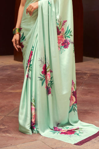 SEA GREEN DIGITAL PRINTED SATIN CREPE SAREE