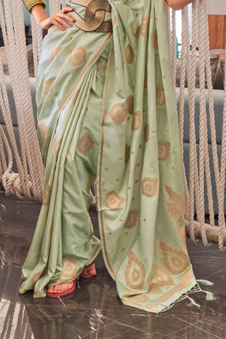 SEA GREEN PURE SATIN COPPER ZARI  WEAVING SAREE