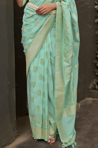 SEA GREEN NYLON CHINON TWO - TONE WEAVING SAREE