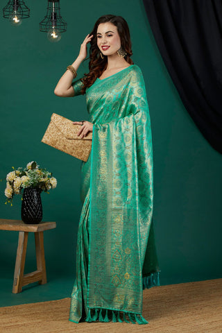 Sea Green And Gold-Toned Kanjeevaram Saree_Kumari Sarees