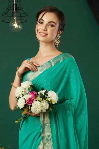 Sea Green Chiffon Silk Saree_Kumari Sarees