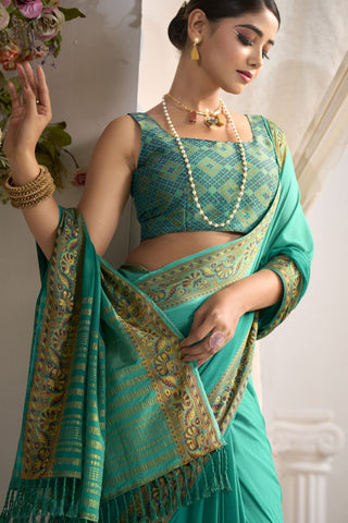 Sea Green Pure Silk Creep Saree