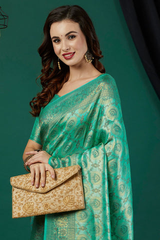 Sea Green And Gold-Toned Kanjeevaram Saree_Kumari Sarees