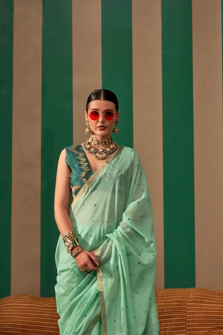 Sea Green Spun Handloom Weaving Silk Saree