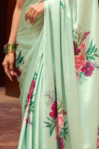 SEA GREEN DIGITAL PRINTED SATIN CREPE SAREE