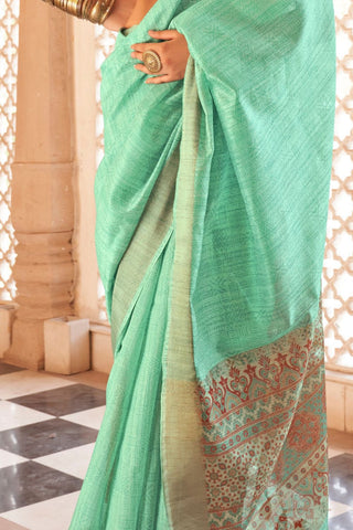 Sea Green Handloom Tussar Silk Saree_Kumari Sarees