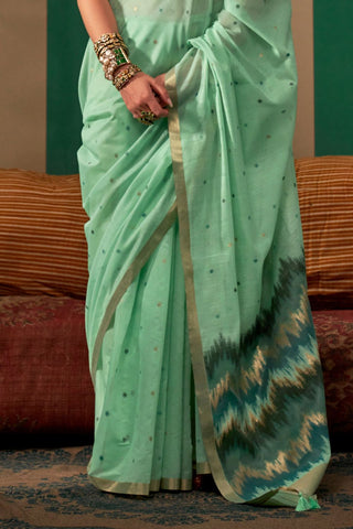 Sea Green Spun Handloom Weaving Silk Saree