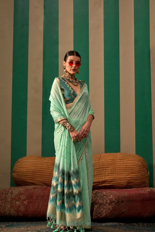 Sea Green Spun Handloom Weaving Silk Saree