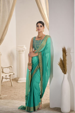 Sea Green Pure Silk Creep Saree