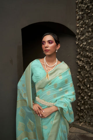 SEA GREEN NYLON CHINON TWO - TONE WEAVING SAREE