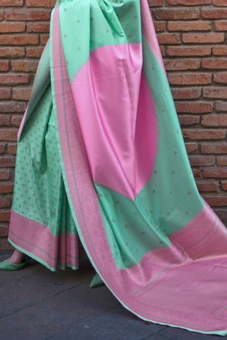 Sea Green & Lilac Soft Silk Handloom Weaving Saree