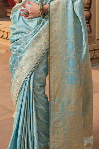 Sky Blue Pure Satin Fancy Saree 