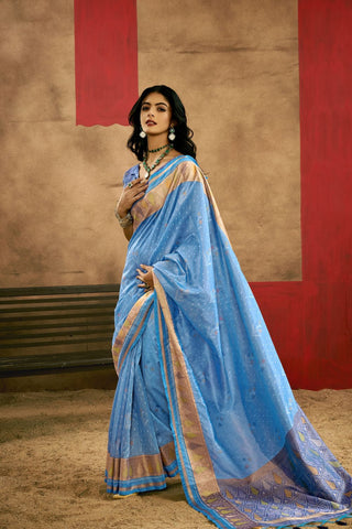 Sky Blue Patola Handloom Weaving Silk Saree_Kumari Sarees